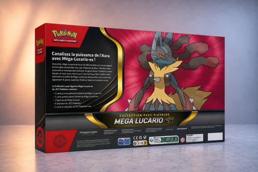 Contenu du coffret Pokémon Collection avec figurine Méga-Lucario Ex