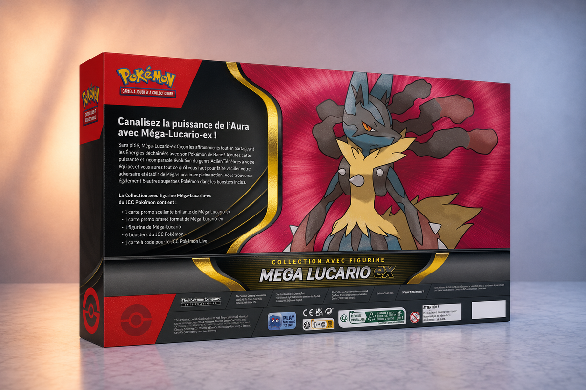 Contenu du coffret Pokémon Collection avec figurine Méga-Lucario Ex